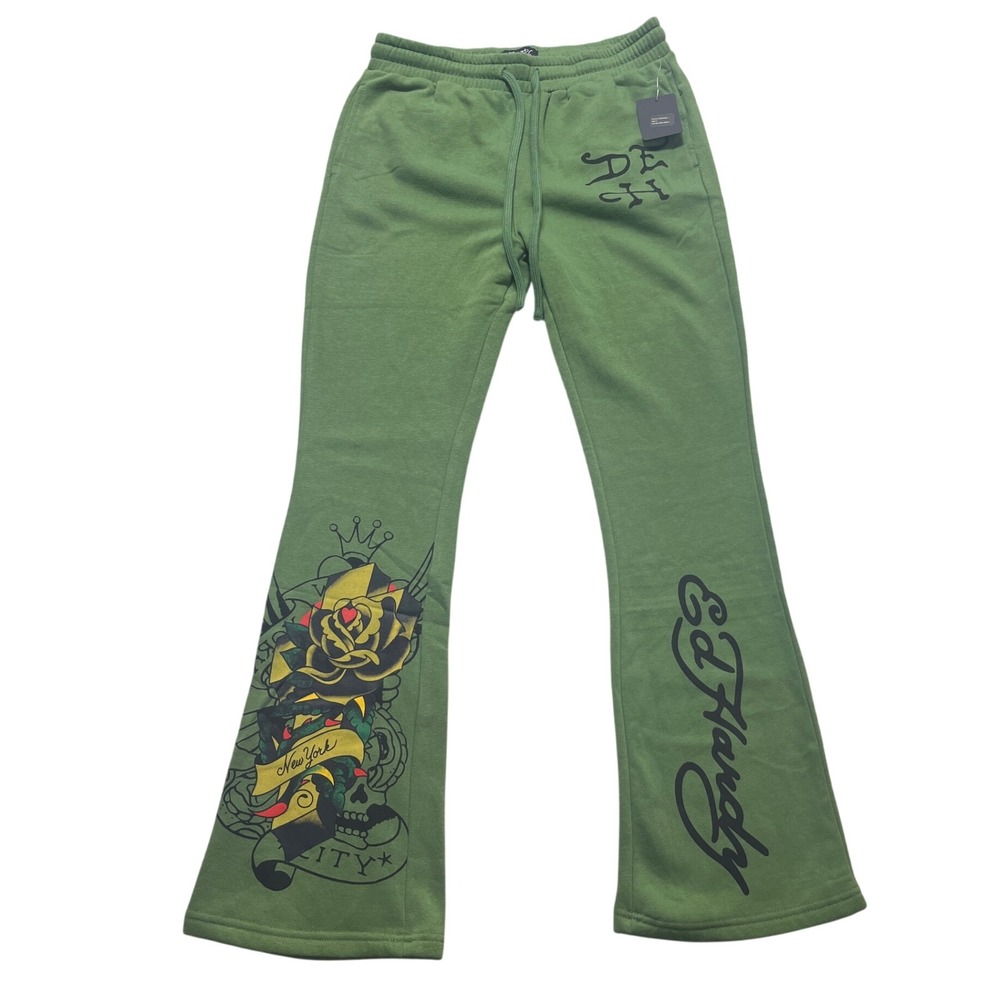 Ed Hardy Flare Sweatpants Mens S Army Green NWT Tattoo Rose Skull EEHM8006-7